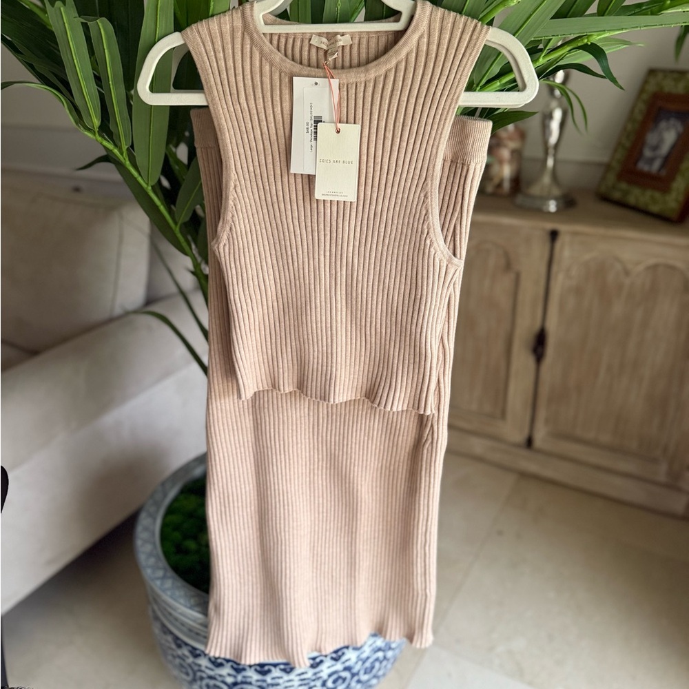 Skies Are Blue Tan Ribbed Sheath Midi Top and Skirt